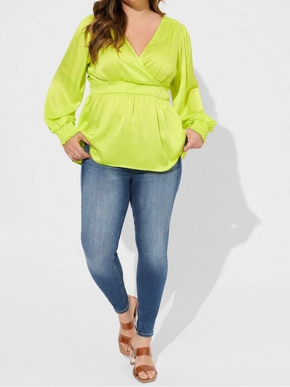 NWT Torrid Neon Yellow Satin Surplice Tie Cut Out Back Blouse